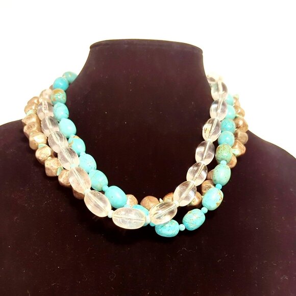Vintage Chicos Chunky Multistrand Necklace With Faux Turquoise & Quartz Beads - Picture 2 of 5